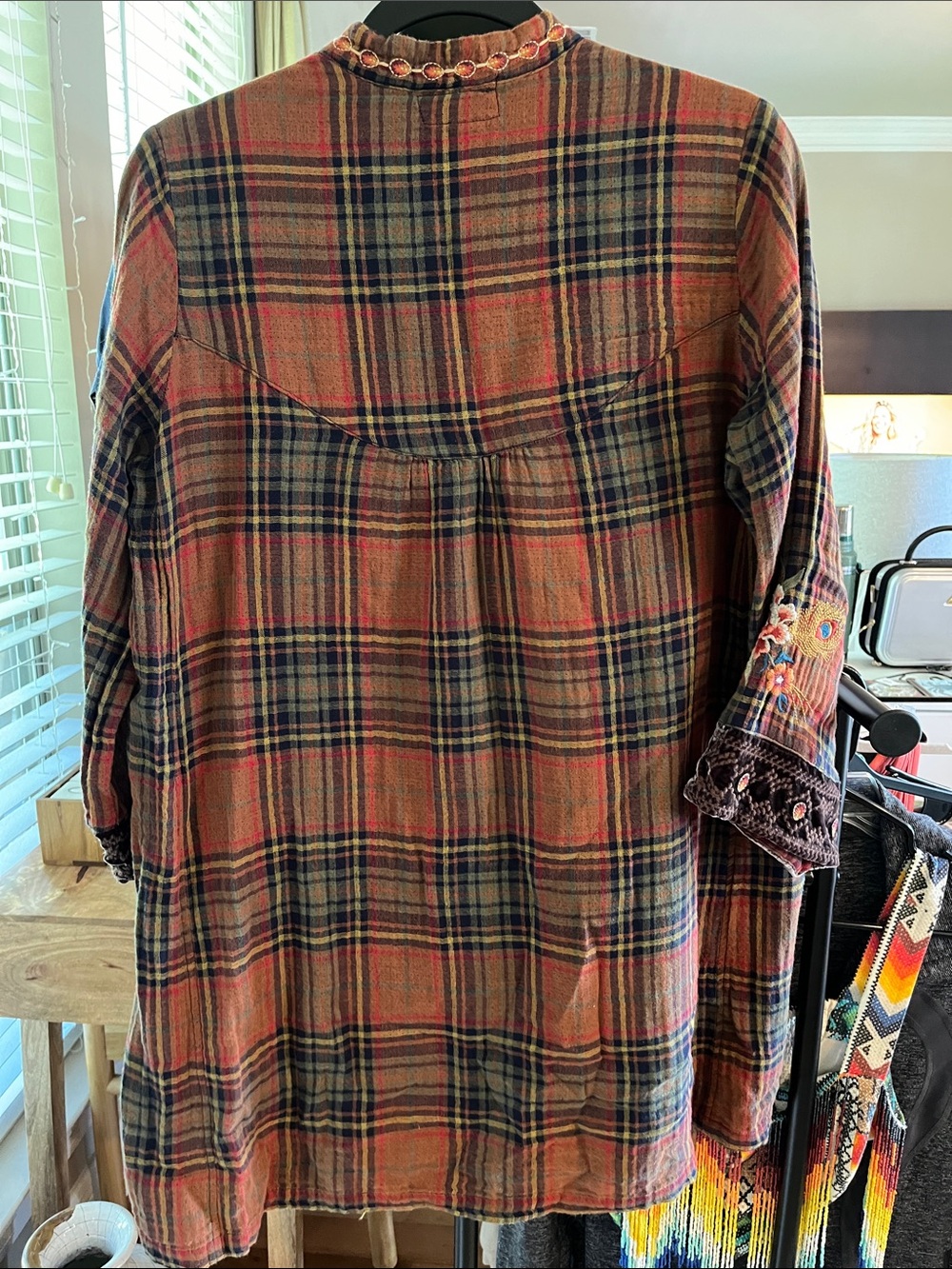 Johnny Was Rust Plaid Embroidered Tunic with Floral & Peacock Motif - Picture 2 of 2